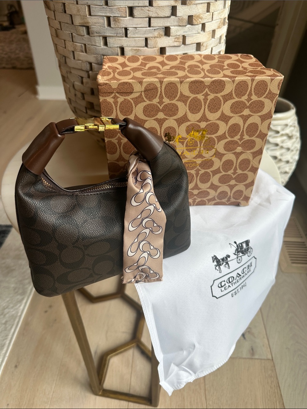 Coach Dark Brown Signature Mini Hobo with Beige Scarf - Picture 3 of 9